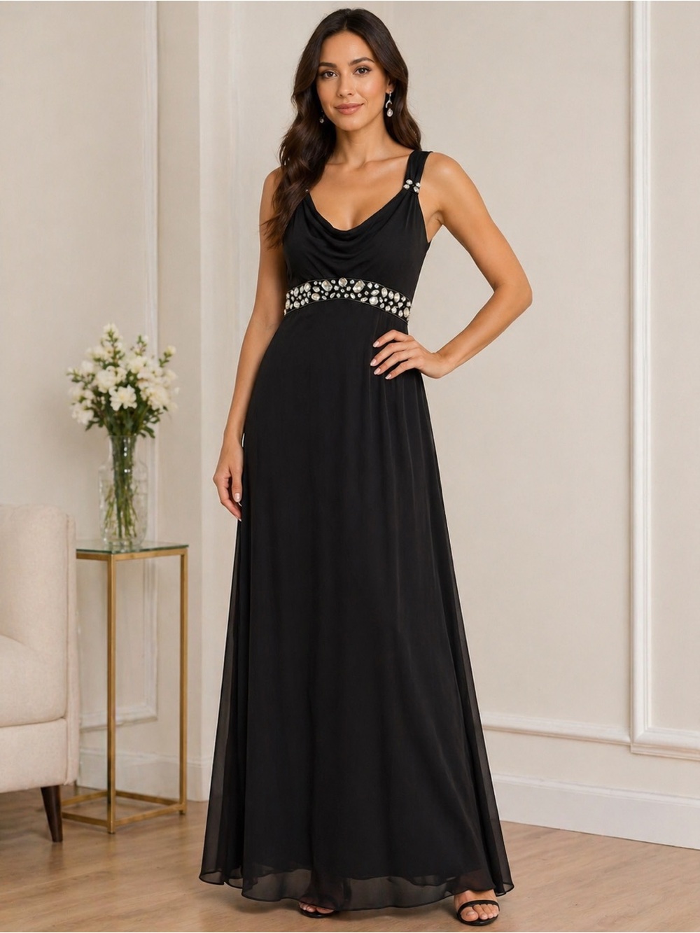 ALEX Evenings Black Formal Gown Size 8 Embellished Waist Maxi Dress